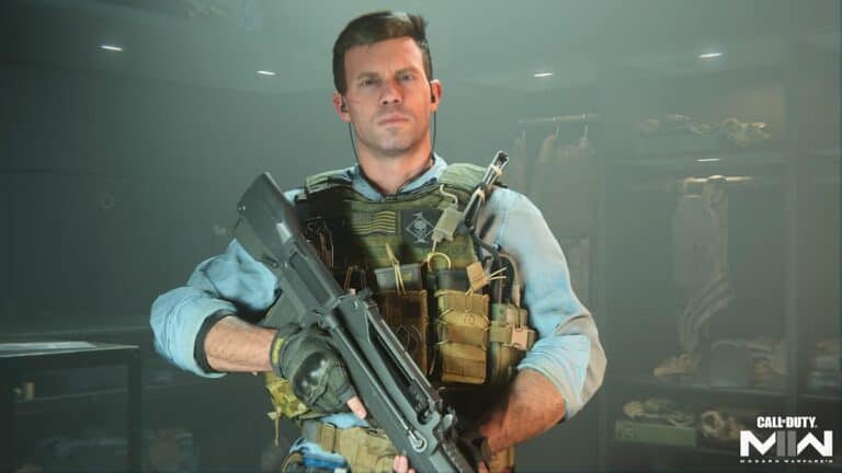 mw2 operator graves in green tactical vest holding weapon in locker room with blue shirt