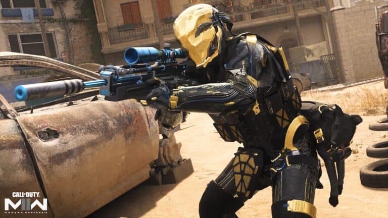 mw2 operator in black and gold mask with blue gun with scope by dusty car in daytime
