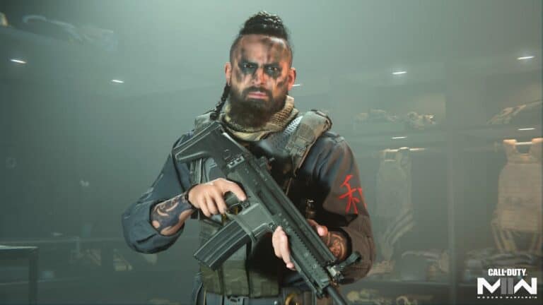 mw2 operator oz in black outfit with face paint and beard stands with gun in locker room