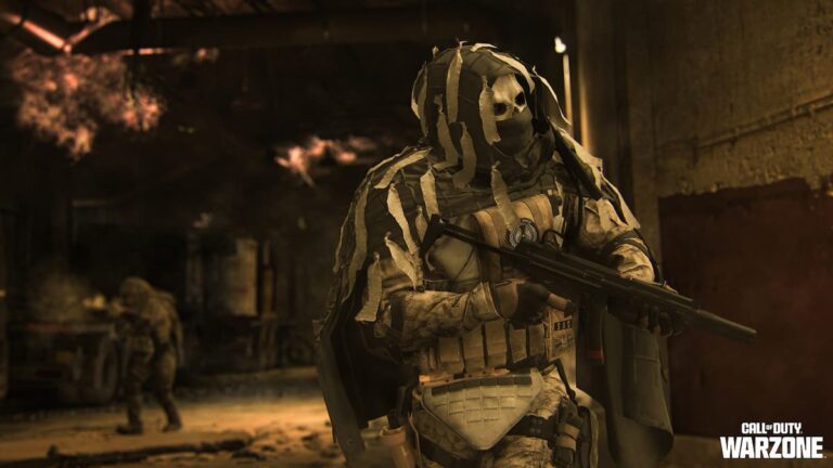 mw2 solder in big cloak and skull mask carries gun through dark tunnel with teammate in background