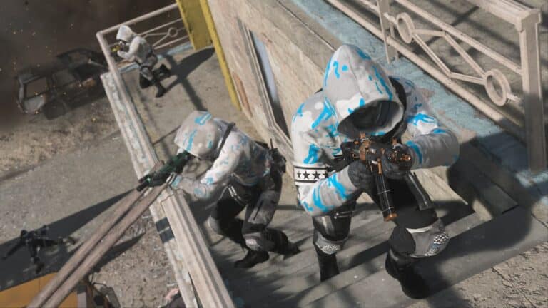 mw2 two soldiers with guns in gray and blue hoodies walk up stairs in daytime