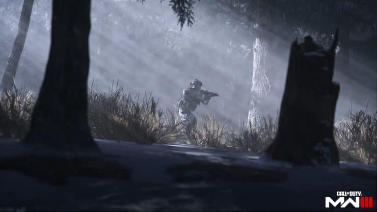 mw3 soldier sneaks with gun up in foggy forest at night time with light shining