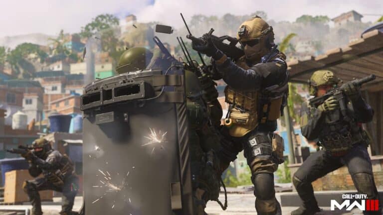 mw3 soldiers in firefight shooting and being shot at with riot shield in tropical city at daytime