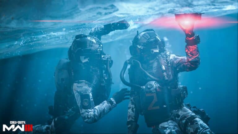 mw3 two soldiers in scuba gear underwater with red light shining on device blue water