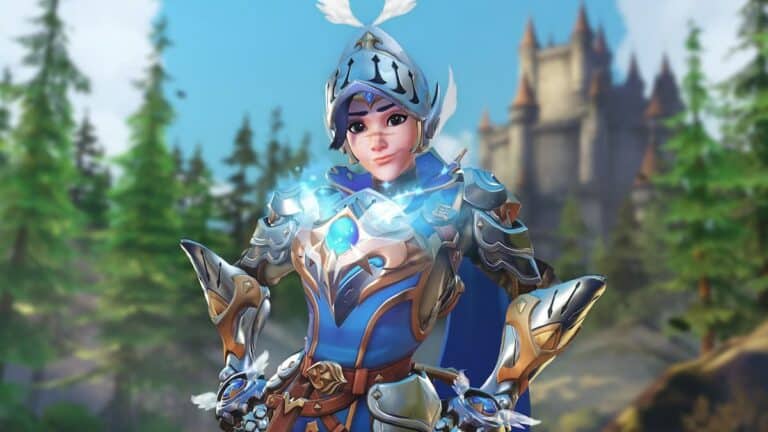overwatch 2 adventurer tracer in silver and blue armor by castle and woods