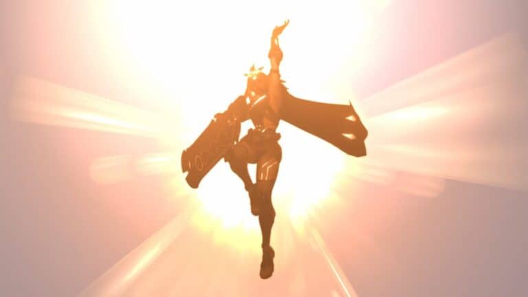 overwatch 2 flying female hero with wings holds arm up to sky in front of sun