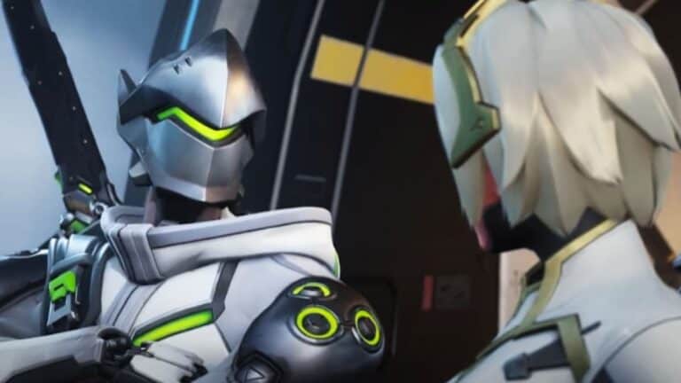 overwatch 2 mercy and genji look at each other by black wall with yellow line