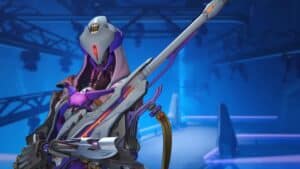 overwatch 2 null sector omnic ana purple and white skin poses in blue room