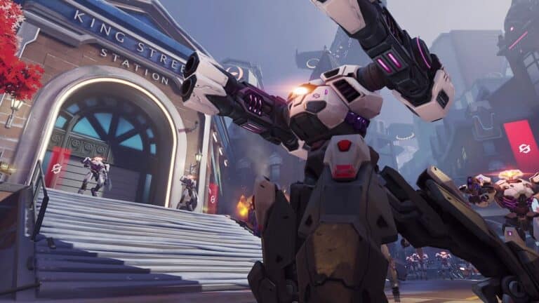 overwatch 2 null sector omnics fire weapons in city streets by train station steps