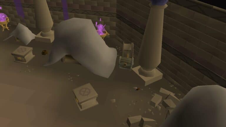 runescape low poly stone dungeon with gold altars holding purple crystals and pillars