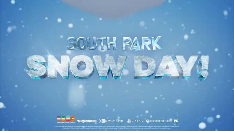 south park snow day logo in ice letters with blue background snow falling