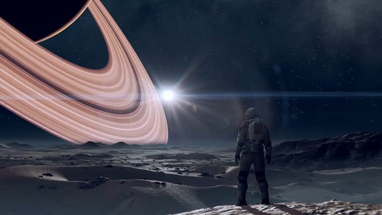 starfield astronaut stands on barren surface with open universe and large planet rings in sky