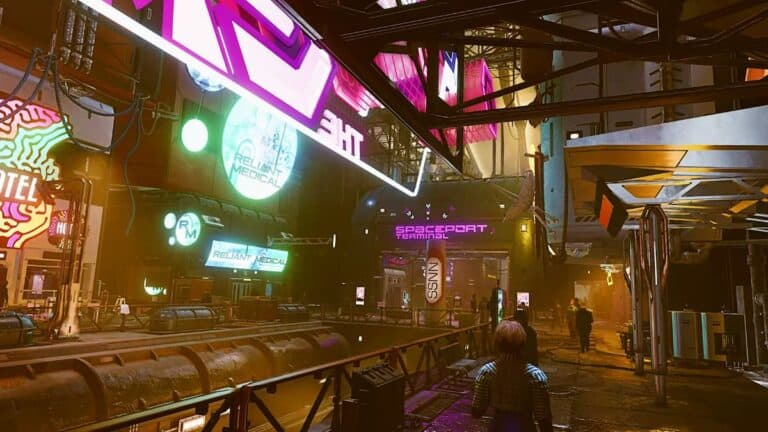 starfield inside neon city bright light signs advertisements and large buildings with citizens walking
