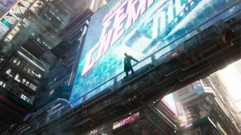 Cyberpunk 2077 Phantom Lberty Man Standing on Edge Of Bridge Near Sign