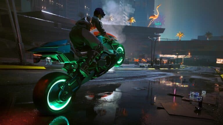 Cyberpunk 2077 Phantom Liberty NPC performing Wheelie on Motorcycle