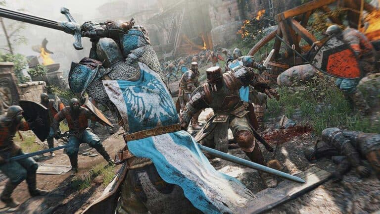 A group of knights with swords fighting in For Honor