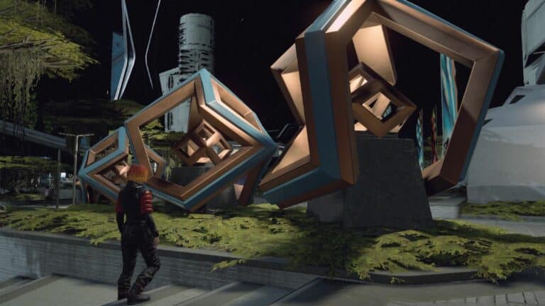Starfield Player Admiring Statue of Overlapping Cubes