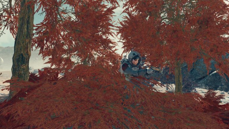 Starfield Player Hiding Amongst Red Trees