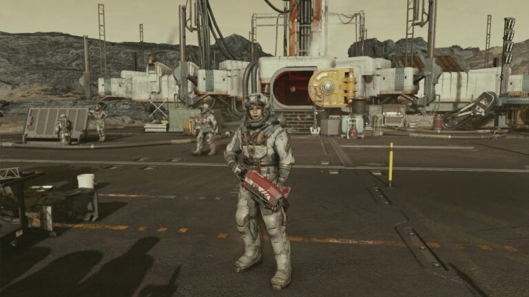 Starfield Player Standing At Space Port With Laser Gun