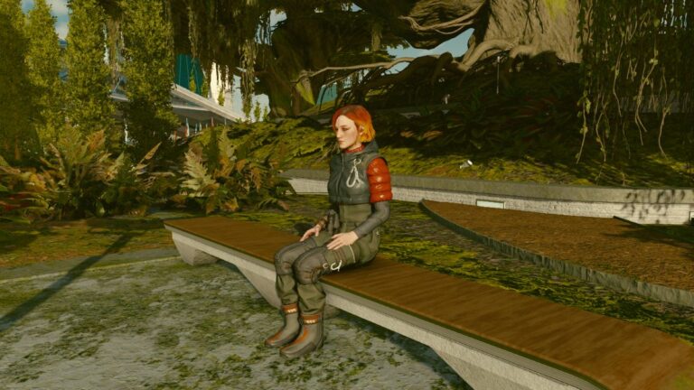 Starfield Player Waiting On Bench In New Atlantis