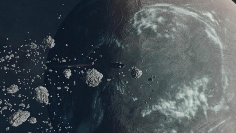 Starfield Ship Flying Through Asteroid Field around Hyla II