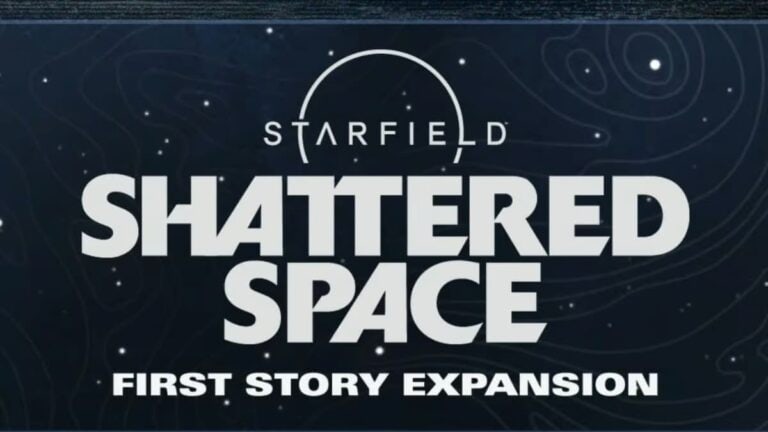 Starfield shattered space first story expansion logo on blue background with star map
