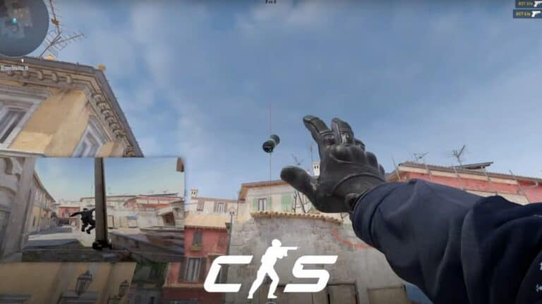 cs2 first person view hand throwing grenade in air over stone buildings at daytime with cs logo