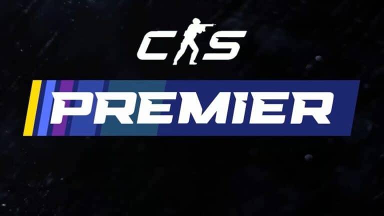 cs2 premier mode logo cs premier white text black background with blue purple yellow lining