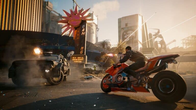 cyberpunk 2077 car combat with player on red bike shooting military vehicle on city streets at date