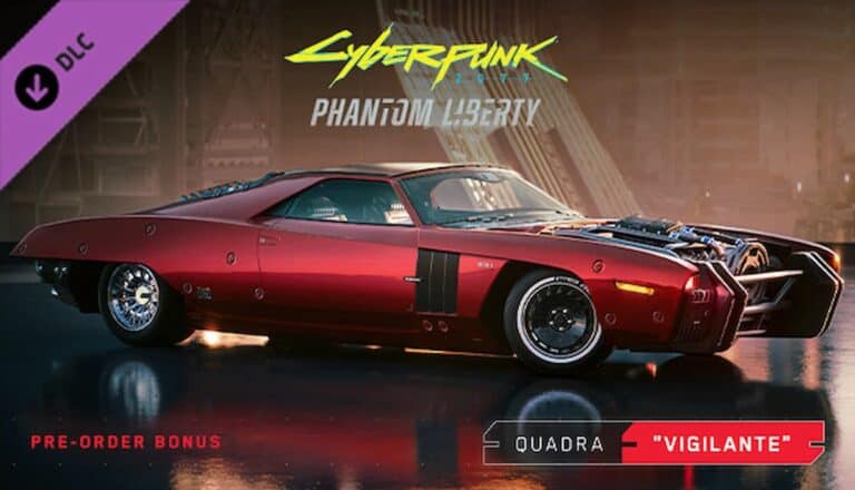 cyberpunk 2077 pre order bonus quadra vigilante red car in garage with game logo dlc