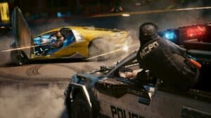 cyberpunk 2077 yellow car in battle with police vehicle on streets having shootout