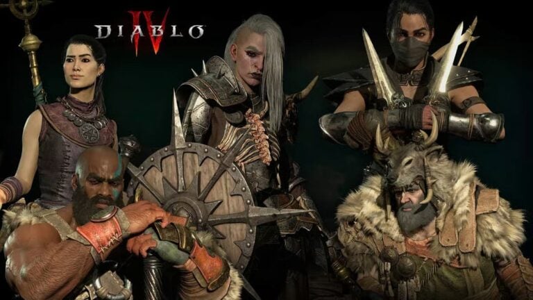 diablo 4 classes standing together in front of black background