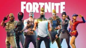 fortnite characters lined up over red background standing and posing with white logo above