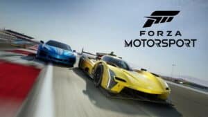 forza motorsport 8 cover art blue car racing yellow car