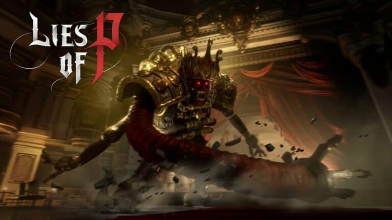 lies of p logo on left large steampunk metal red gold monster thrashes arms in dim theater