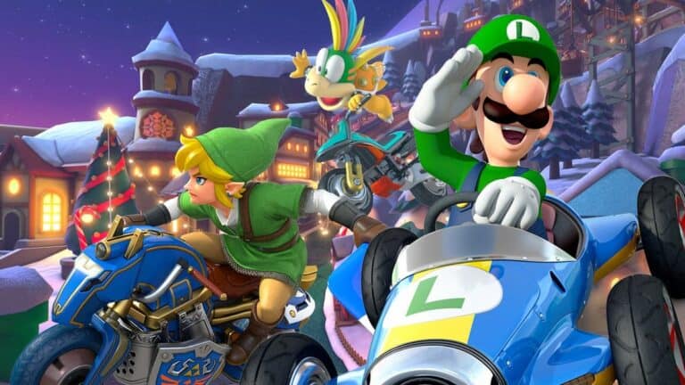 mario kart 8 luigi link and lemmy race at night on snowy mountain town with christmas tree