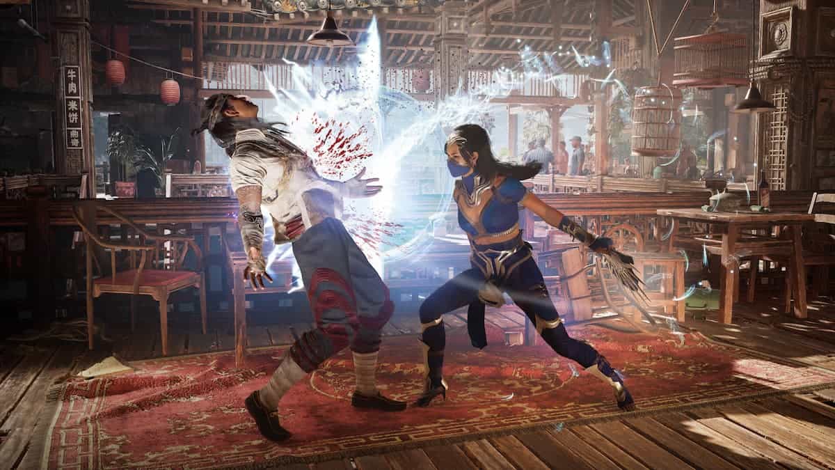 mortal kombat 1 blue fighter slashes blood out of opponent with blue light in bar arena
