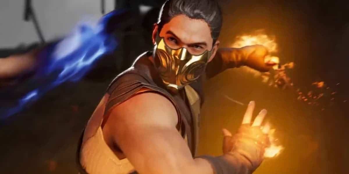 mortal kombat 1 close up of fighter in yellow outfit and gold mask readies fire punch for battle