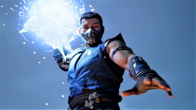 mortal kombat 1 fighter in blue and mask stands over camera with large ice in hand blue light