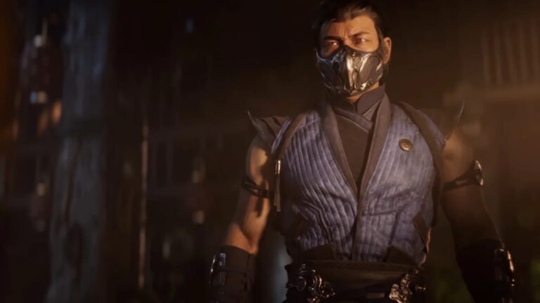 mortal kombat 1 fighter in blue outfit with silver mask stands in daylight in dark room