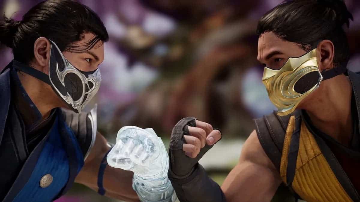 mortal kombat 1 fighter in blue with mask and ice arm vs fighter in yellow with gold mask