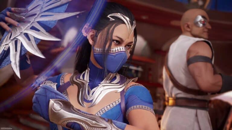 mortal kombat 1 kitana in blue outfit and mask stands with blade fans with man in white gi