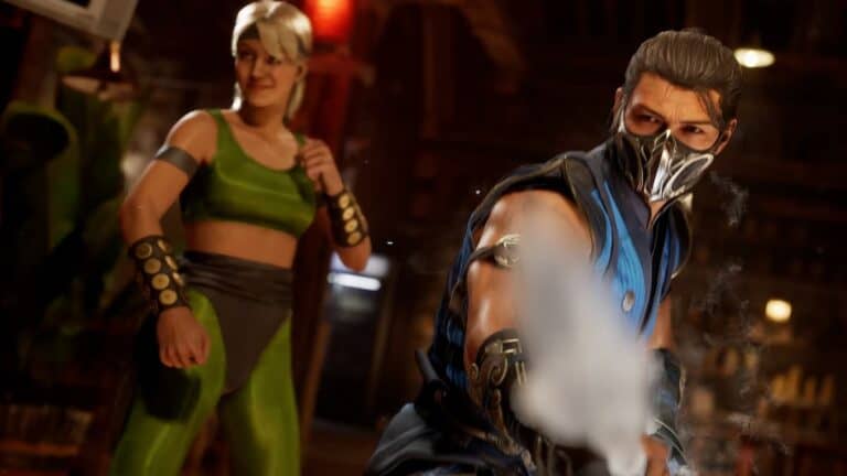 mortal kombat 1 man in blue outfit with mask and blonde woman with green outfit stand for battle