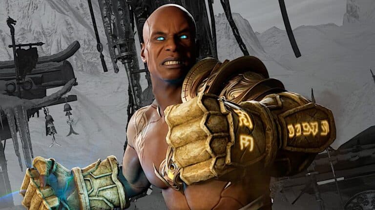 mortal kombat 1 shirtless fighter with gold gauntlets and glowing blue eyes readies up in grey world