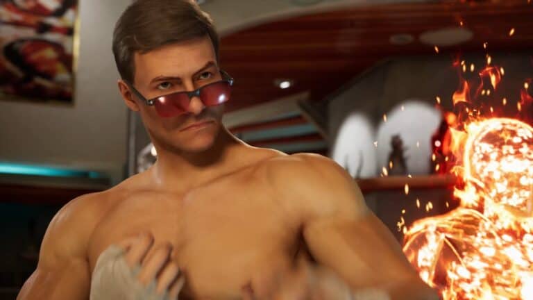 mortal kombat 1 shirtless jonny cage with sunglasses squares up with explosion in background