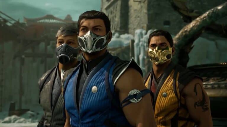 mortal kombat 1 three fighters in blue yellow and gray with masks stand in gloomy town