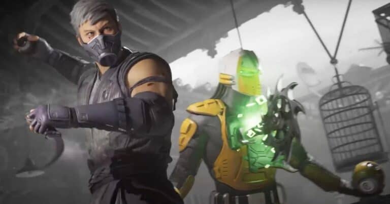 mortal kombat 1 two fighters gray outfit and mask and yellow suit with blades in cloudy weather