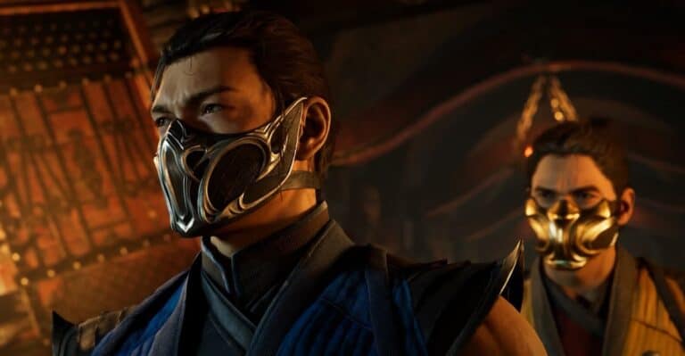 mortal kombat 1 two fighters with masks in blue and yellow stand in dark room close up