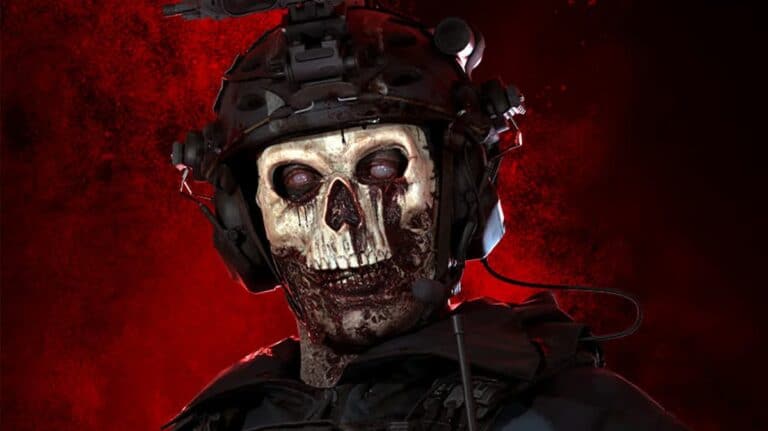 mw2 mw3 zombie ghost operator skin close up zombie with skull mask and blood on red background