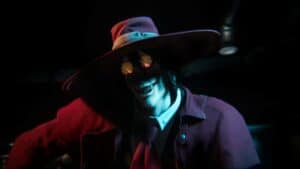 mw2 season 6 the haunting alucard from hellsing operator stands and smiles close up in dark room
